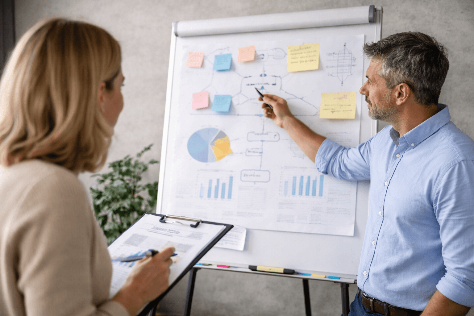 A man points to charts and notes on a flip chart while discussing with a woman holding a clipboard in an office setting.