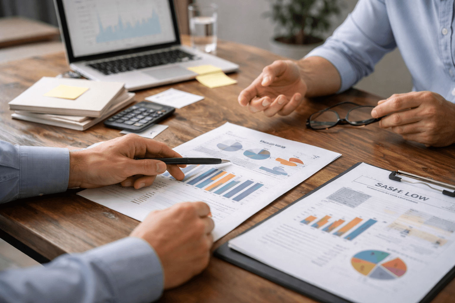 Two people review financial charts and graphs on printed documents at a desk with a laptop, calculator, and notepad in the background.