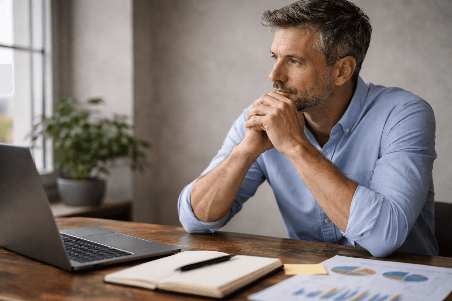 A man sits at a desk with a laptop, notebook, and charts, looking thoughtfully out a window.