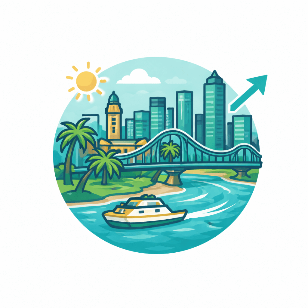 Illustration of Brisbane with modern buildings, a bridge, palm trees, a boat on the river, the sun shining, and an upward arrow symbolizing growth or progress.