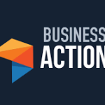 Geometric multicolored logo on a dark background next to the words "Business Action" in bold capital letters.