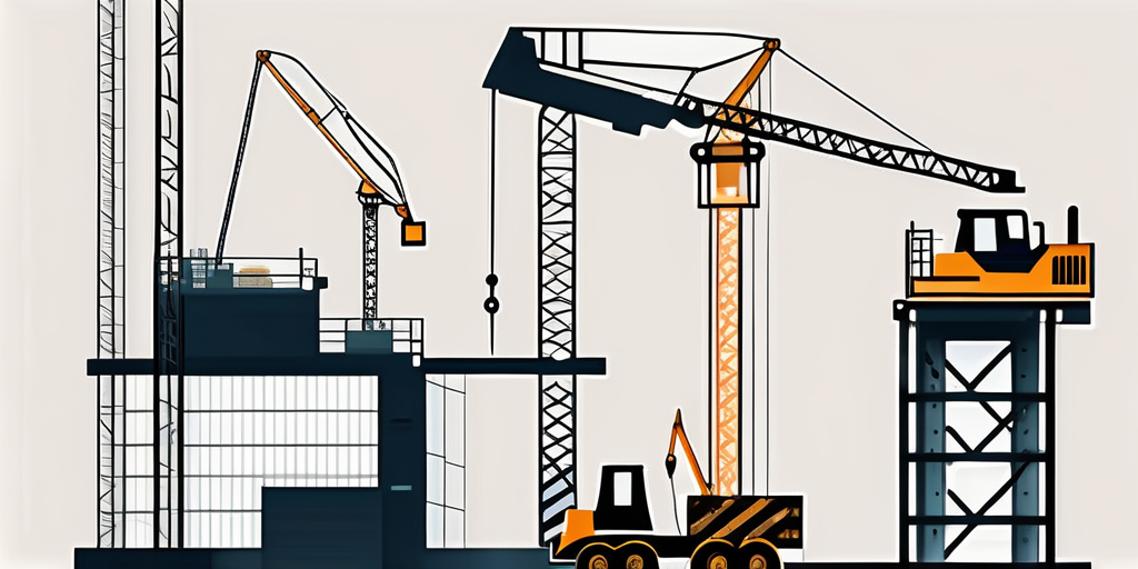 A group of cranes next to a construction building.