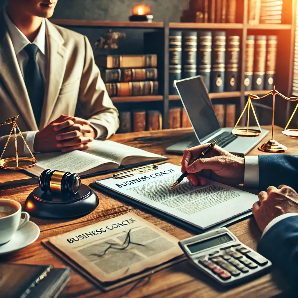 Two individuals sit at a desk, surrounded by books, a laptop, a gavel, and scales of justice. Papers titled "Business Coach for Lawyers" lie next to a calculator, hinting at their focus on enhancing legal careers through strategic insights.
