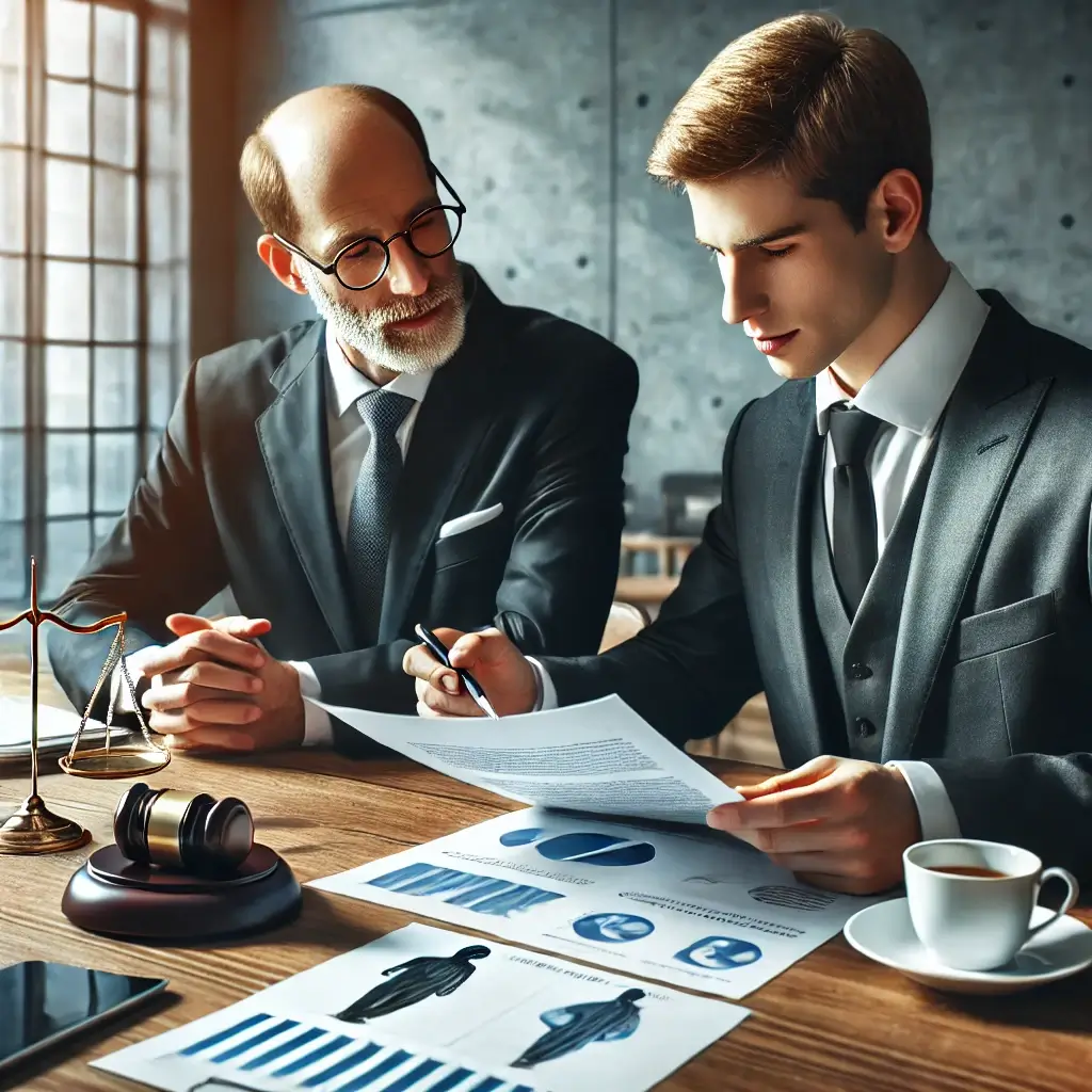 Two men in suits, embodying the essence of a business coach for lawyers, discuss documents at a table adorned with graphs, a gavel, and a scale.