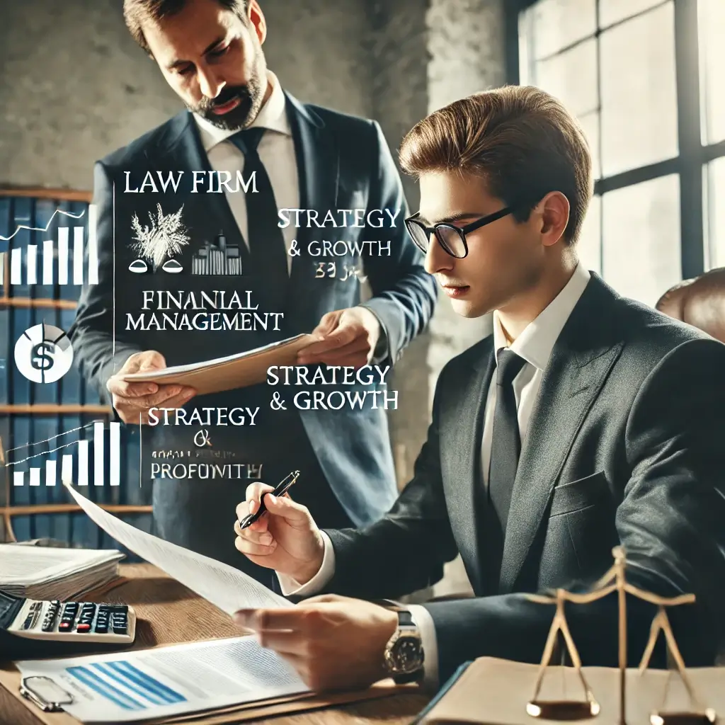 Two men in suits discuss financial and strategic planning in an office. One, possibly a business coach for lawyers, holds a clipboard, while the other looks at papers. Diagrams on the image emphasize strategy and growth.
