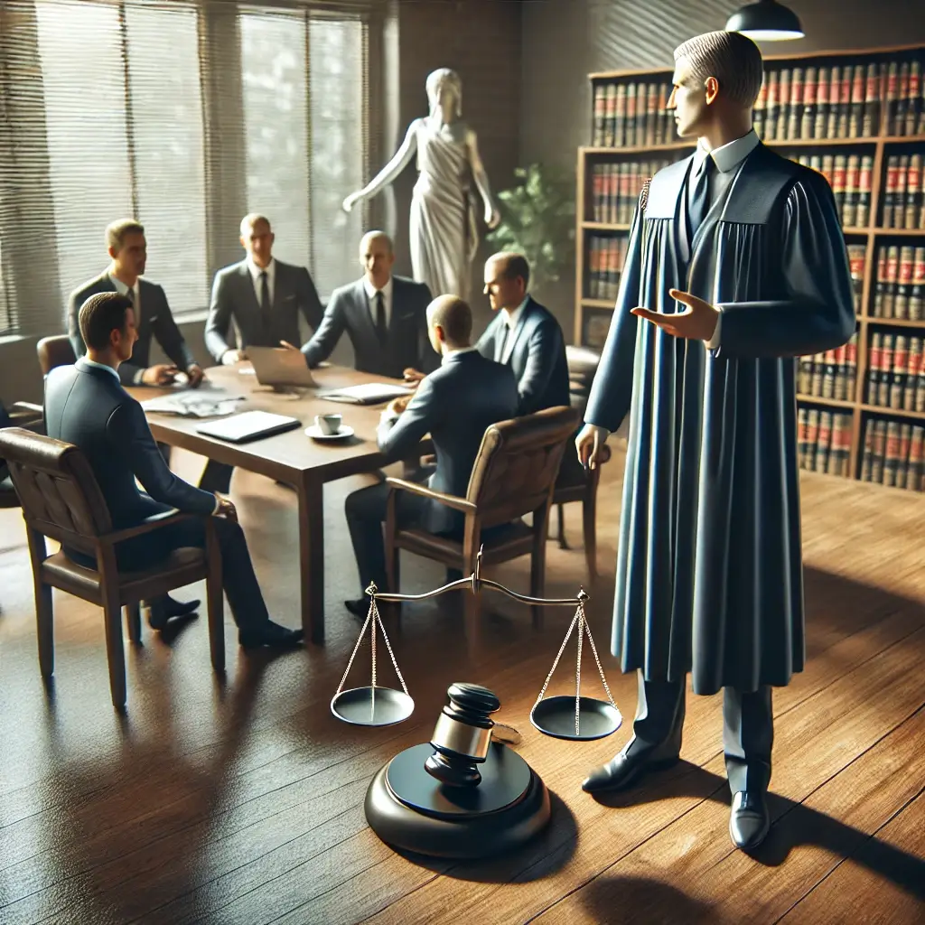 In a well-appointed legal office, a group of people gathers as one in judicial robes points decisively. Scales and gavel sit prominently in the foreground, while the Lady Justice statue stands watch. Bookshelves line the walls, underscoring the wisdom shared by a business coach for lawyers present.