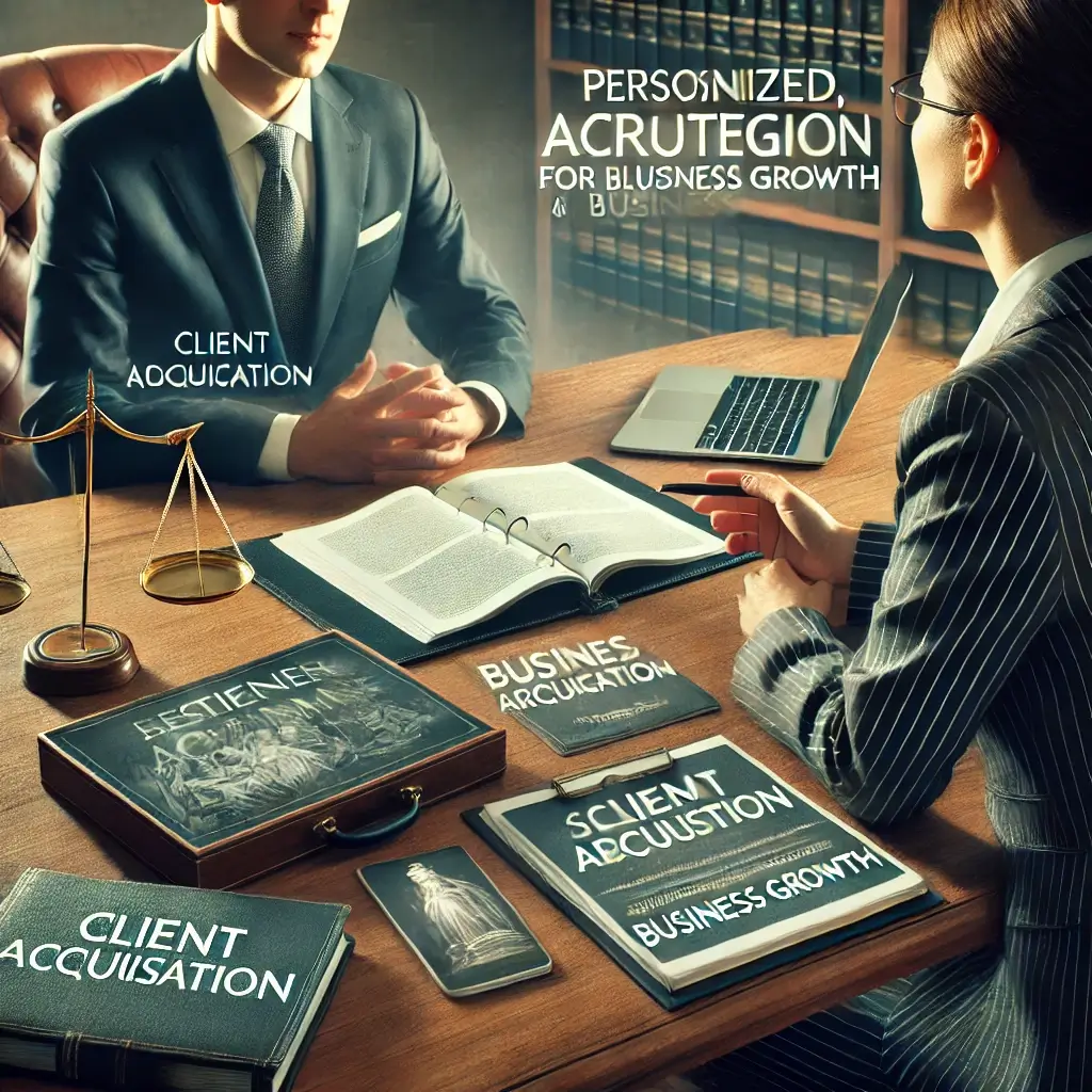 A business meeting scene with two people at a wooden table, surrounded by books and documents labeled "Client Acquisition" and "Business Growth," guided by a business coach for lawyers.