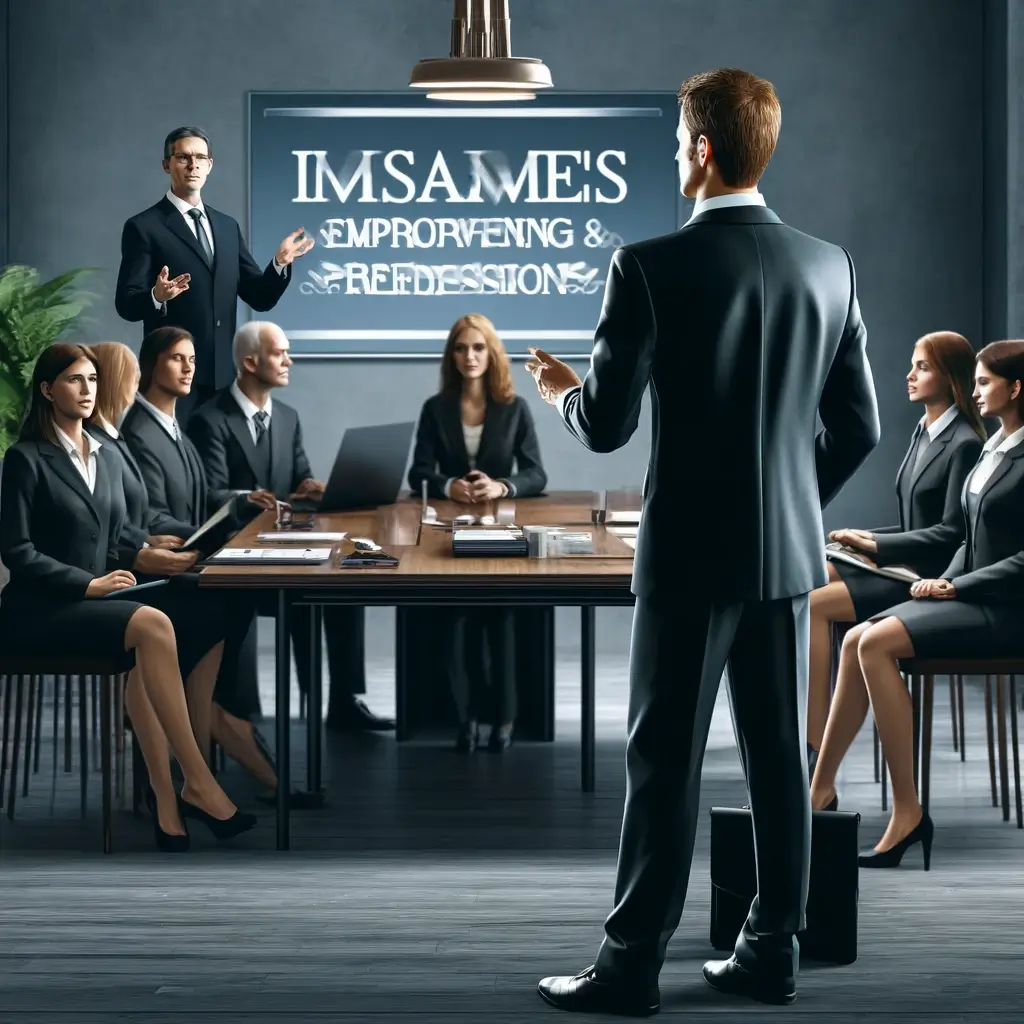 A business coach for lawyers stands confidently in the meeting room, addressing a group of attentive professionals seated around the table. The presentation screen displays key insights tailored for legal experts, aiming to enhance their practice and drive success.