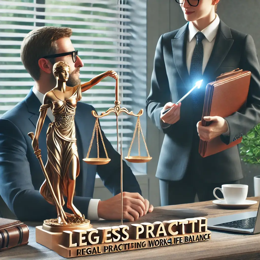 Two professionals in suits engage in discussion near a desk adorned with a statue of Lady Justice and a sign reading "Legal Practice: Regal Practicing Work-Life Balance," illustrating how a business coach for lawyers can transform their professional approach.