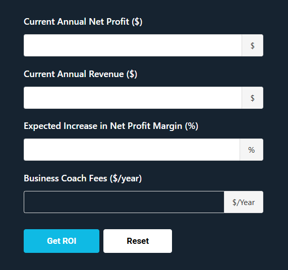 Form interface for calculating ROI with fields for current annual net profit, revenue, expected net profit margin increase, and business coach fees. Includes "Get ROI" and "Reset" buttons.
