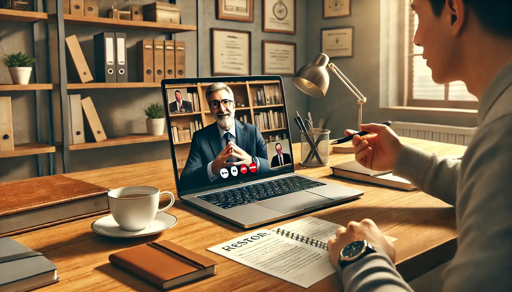 A person participates in a video conference call on a laptop in a neatly organized home office, taking notes on a notepad with a coffee cup nearby.