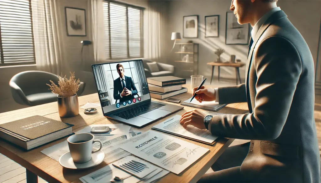 A person in formal attire sits at a desk with documents and charts, participating in a video conference on their laptop in a well-lit office setting.