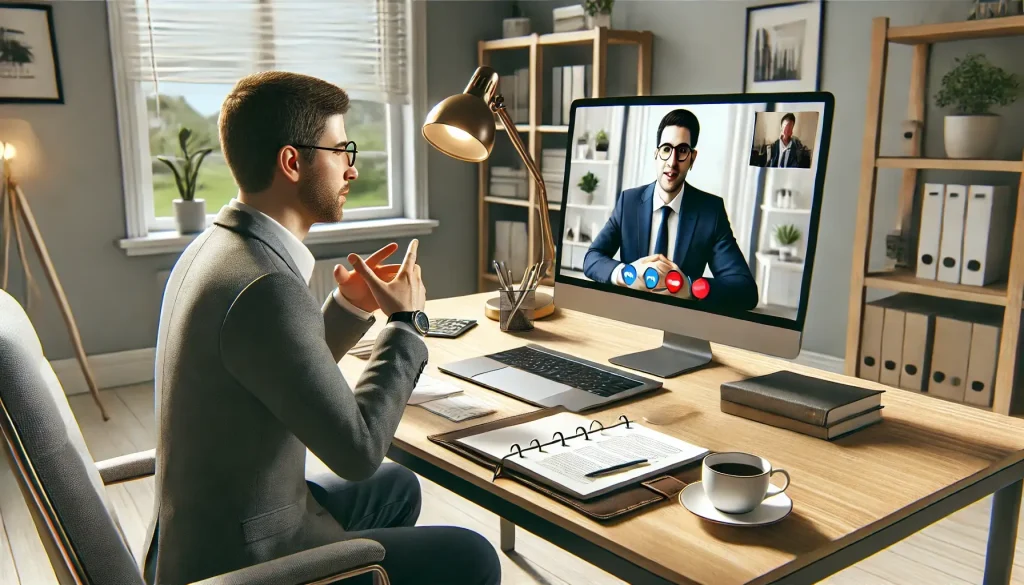A man in a home office participates in a video conference on a computer, talking to another man displayed on the screen. The desk has papers, a notebook, a pen, a cup of coffee, and other office supplies.