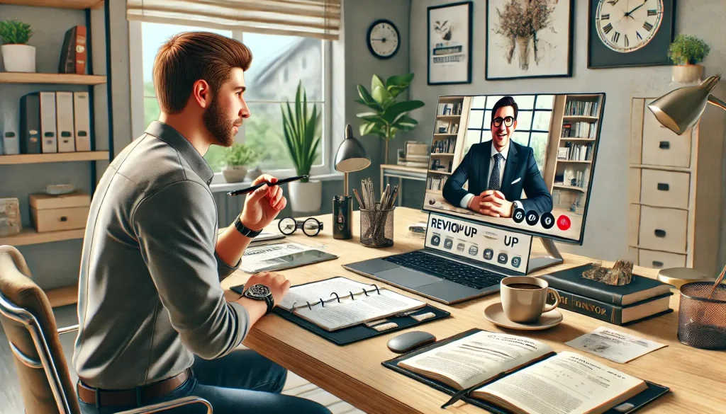 A man in a modern home office engages in a video conference on his laptop. The desk has documents, a planner, a coffee cup, and other office supplies. Shelves, plants, and decor are seen in the background.