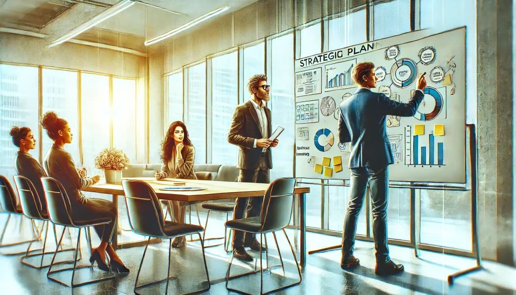 Five people in a modern conference room; one stands by a whiteboard with charts and graphs labeled "Strategic Plan," while four sit at a table listening.