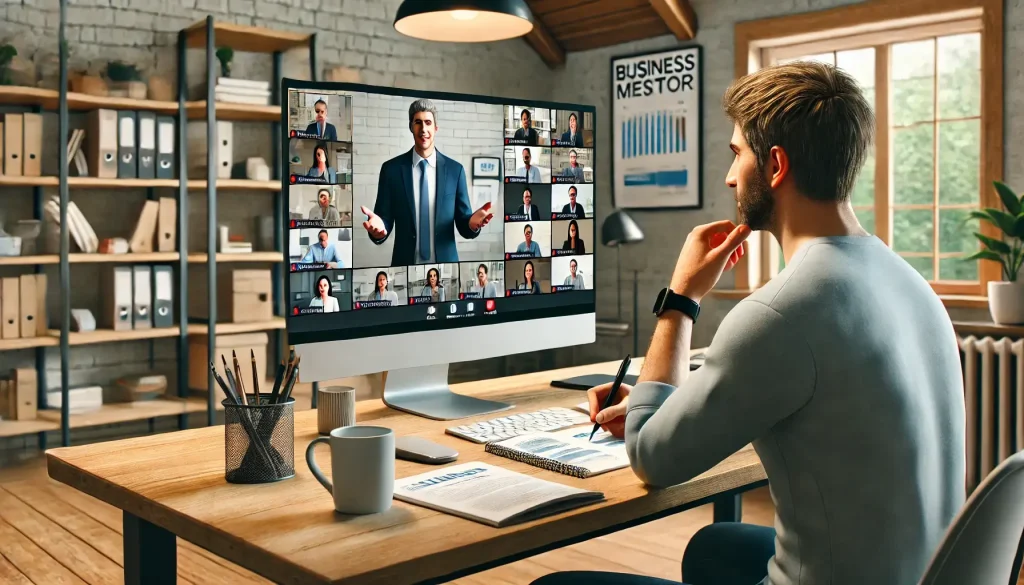 A person sits at a desk with a computer monitor showing a virtual meeting. Papers, a notebook, and a cup of coffee are on the desk. Shelves with books and binders are in the background.