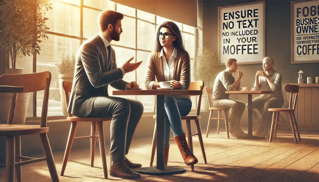 A man and a woman sitting at a cafe table engaged in conversation. Two other people are seated at a table in the background. Wall signs behind them include humorously written messages.