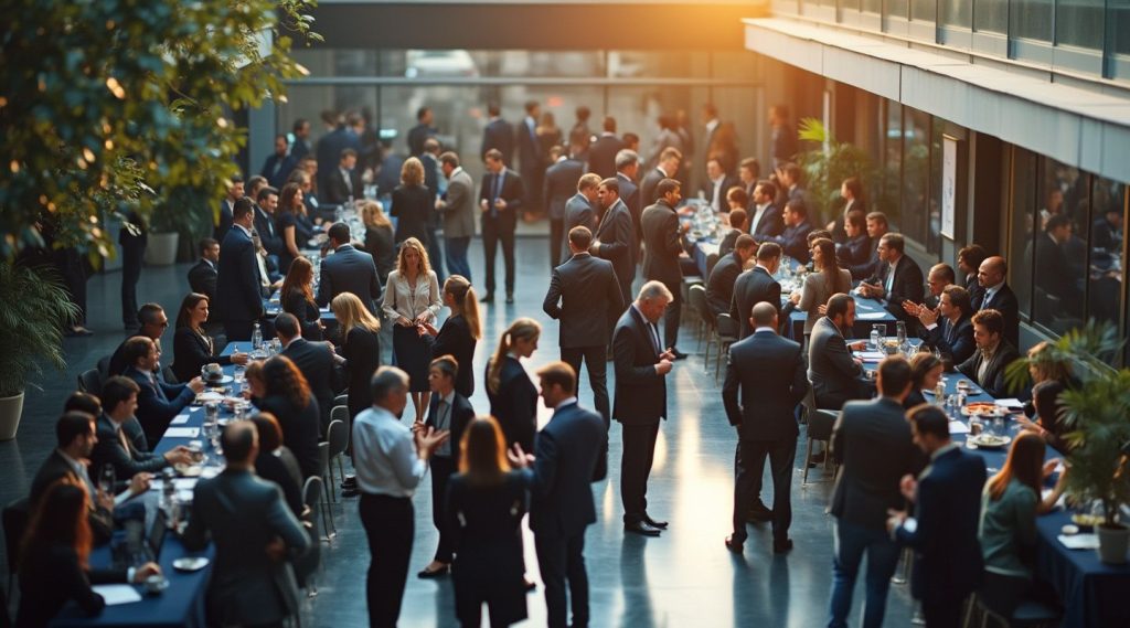 A large group of people in business attire, including a renowned business mentor, mingle and talk at a networking event in a spacious atrium adorned with plants and tables.