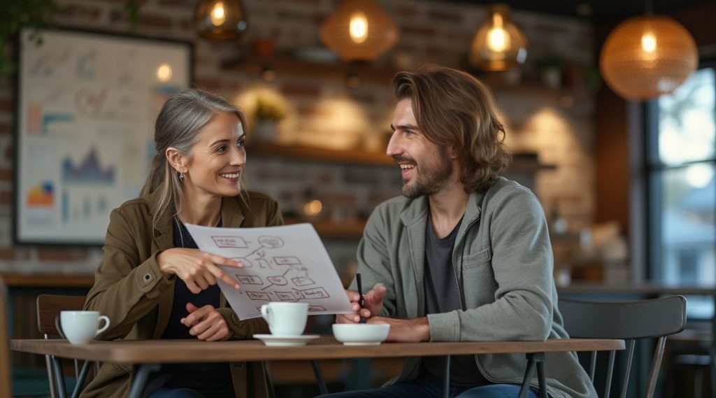 Two people sit at a table in a cozy cafe, discussing a flowchart with the guidance of a business mentor. Cups of coffee rest beside them, adding warmth to the softly lit setting against a backdrop of an exposed brick wall.