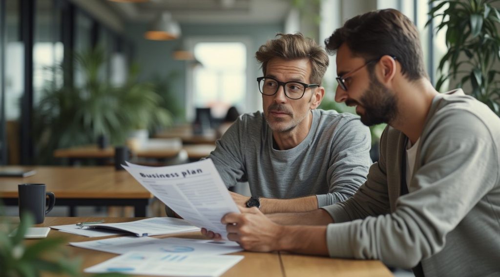 Two men at a table review a business plan. One, clearly serving as a business mentor, holds the document while the other listens attentively. The office is bright and inviting, with plants and large windows enhancing the professional atmosphere.
