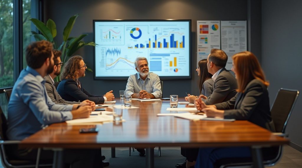 A group of people in a conference room sit around a table, papers scattered as they review charts and graphs on screens. Their business mentor guides the discussion, offering insights and expertise to steer the meeting toward strategic solutions.