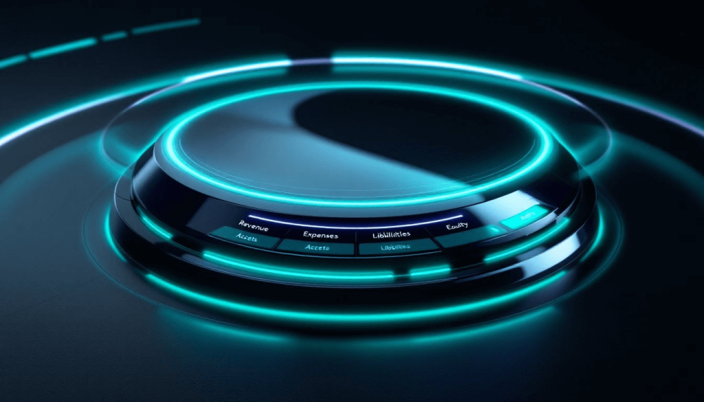 A futuristic glowing dashboard with a circular interface now includes a "Value of My Business" calculator alongside financial categories: Revenue, Expenses, Liabilities, and Equity.