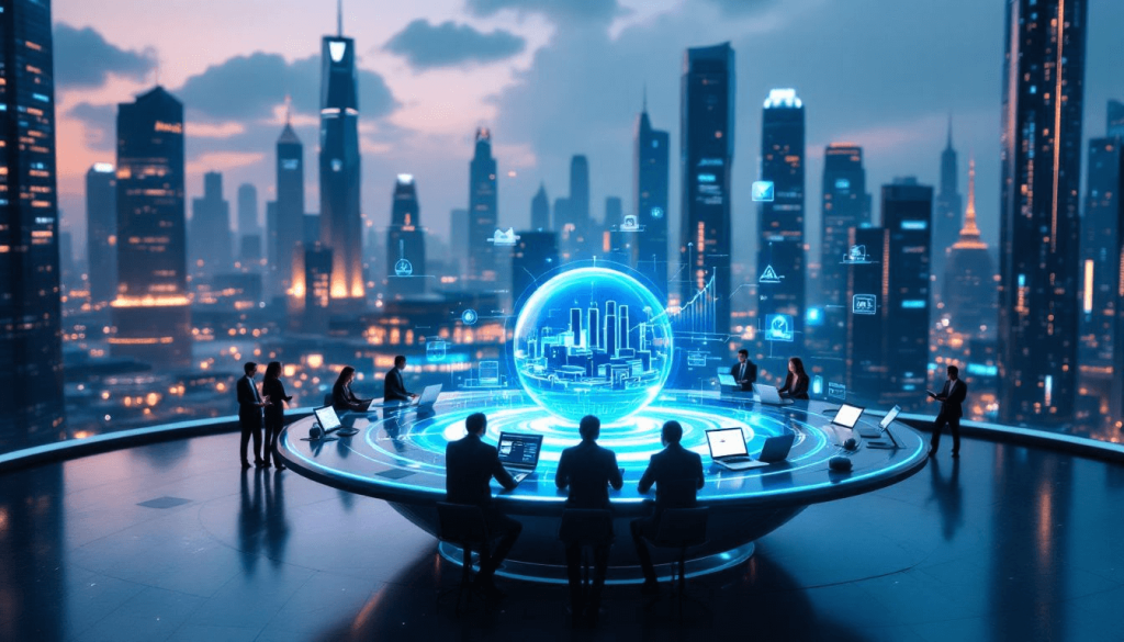People seated around a circular table with a holographic city model in a futuristic office, calculating the value of their business. They are surrounded by a skyline of skyscrapers and digital icons floating in the air.