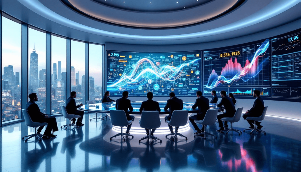 A group of people in a futuristic conference room, equipped with a "value of my business calculator" on digital screens displaying data graphs and charts. A city skyline is visible through large windows, setting the scene for strategic growth discussions.