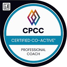 Circular badge with a multicolored diamond logo above "CPCC" text, followed by "Certified Co-Active Professional Coach.