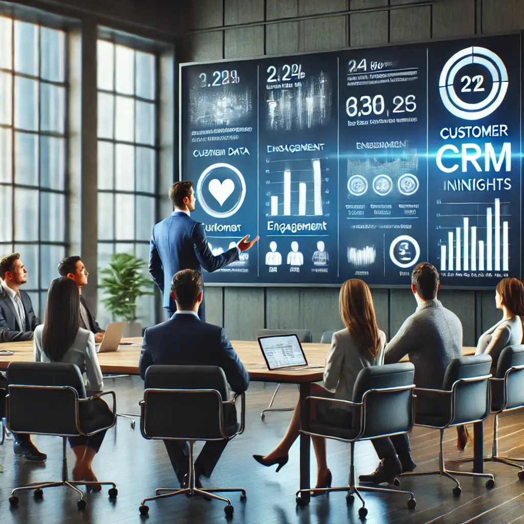 In a business meeting, the presenter delves into customer data and CRM system implementation insights on large screens. Attendees sit around the table, engaged with laptops, as they explore the integration process and its potential impact on enhancing customer relationships.