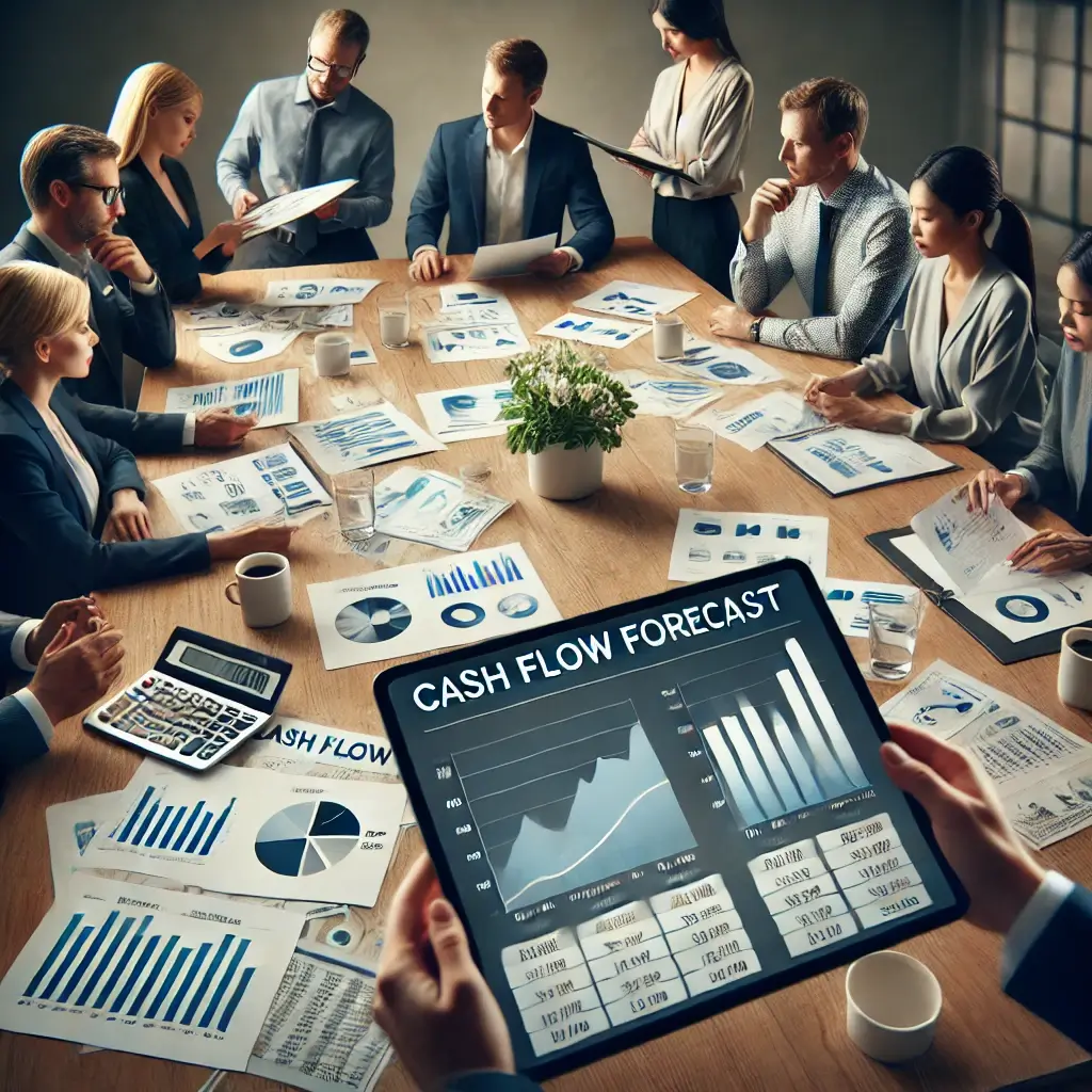 A group of professionals is in a meeting room meticulously analyzing financial charts and graphs on papers and tablets, labeled with the latest cash flow forecasting data.