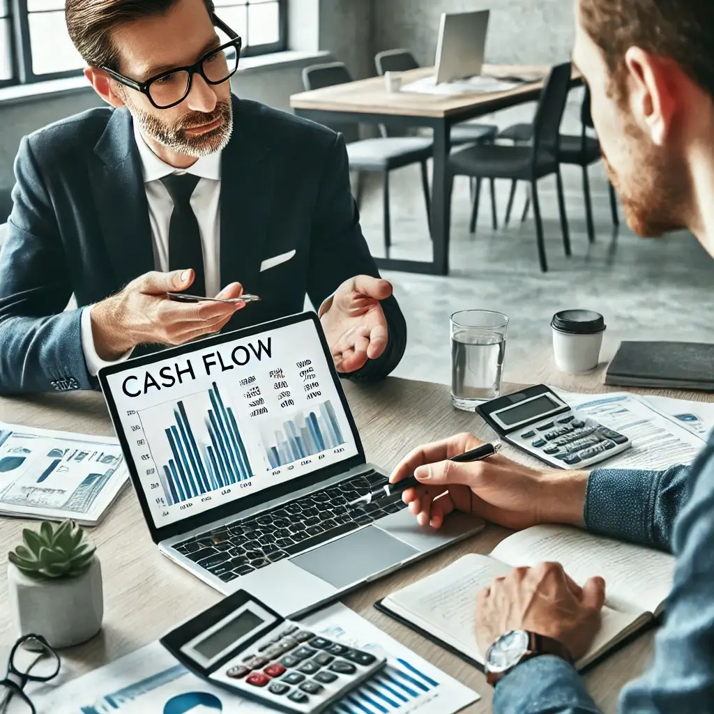 Two men are deep in discussion, examining a cash flow forecasting chart on a laptop. The table is strewn with documents, calculators, a pen, and a glass of water.