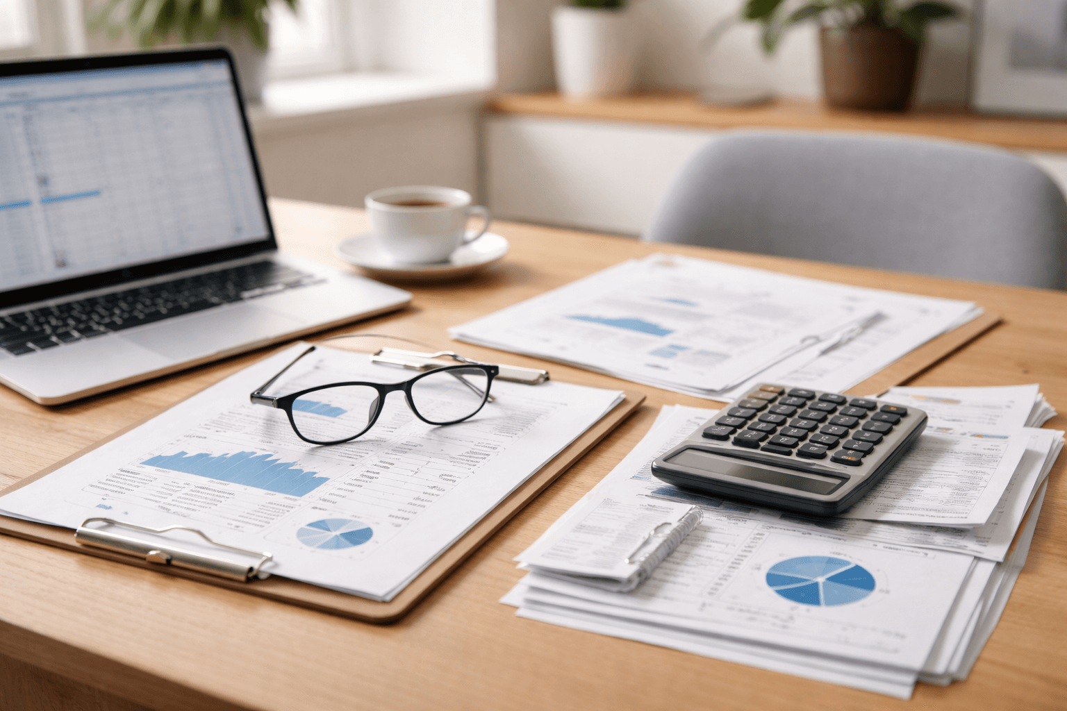 A desk with a laptop, financial charts, clipboard, eyeglasses, a calculator, pen, and a cup of coffee, with plants in the background.