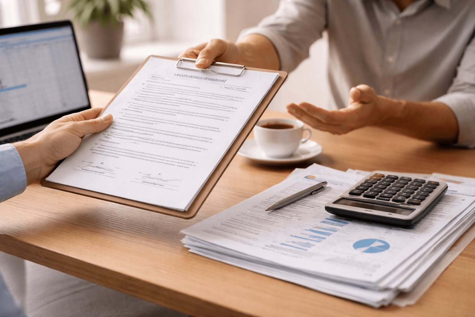 Two people sit at a table with documents, a calculator, and a laptop; one person hands a clipboard with a contract to the other for signing.