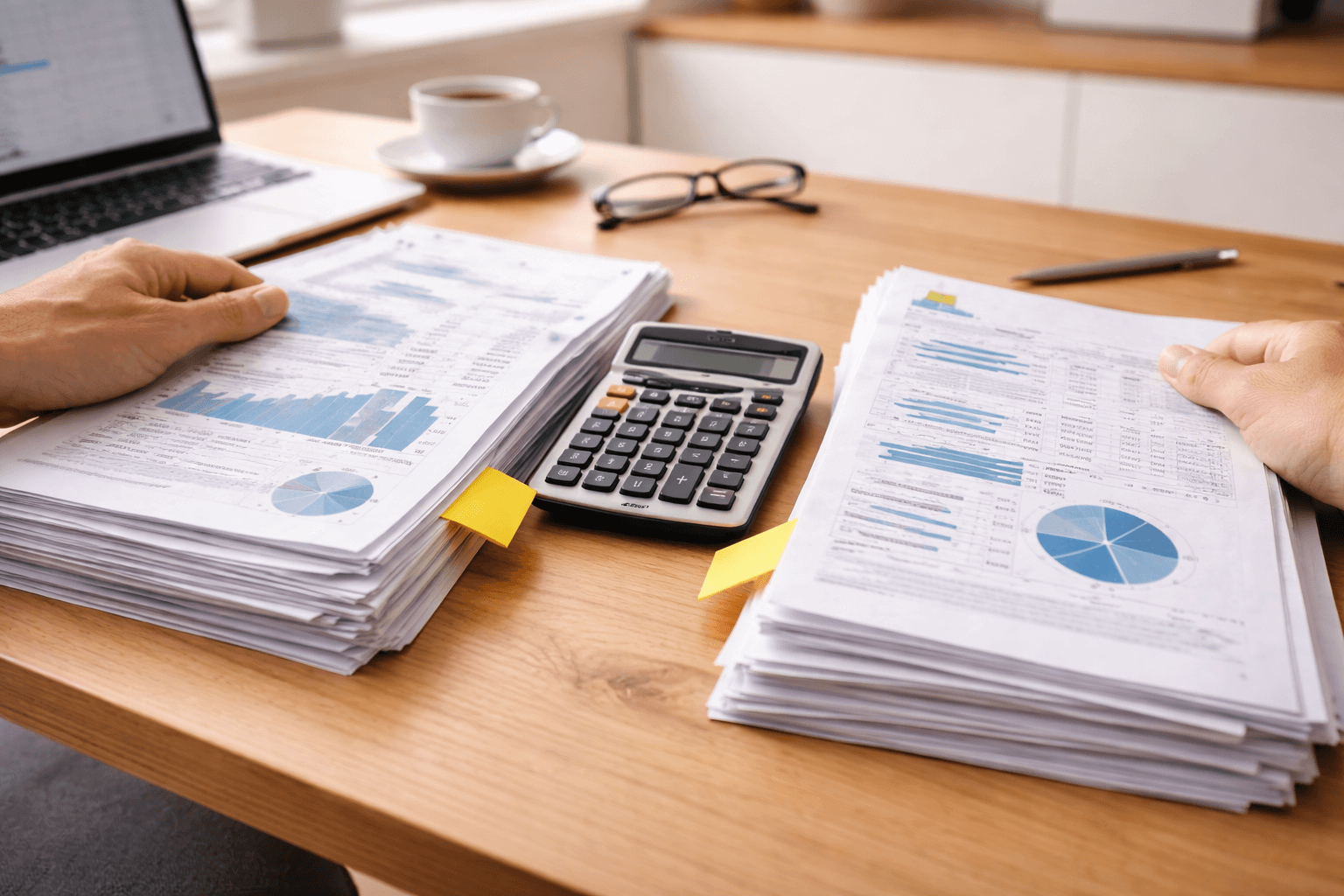 Two hands review stacks of financial documents with charts and graphs on a wooden desk, alongside a calculator, laptop, and a cup of coffee.