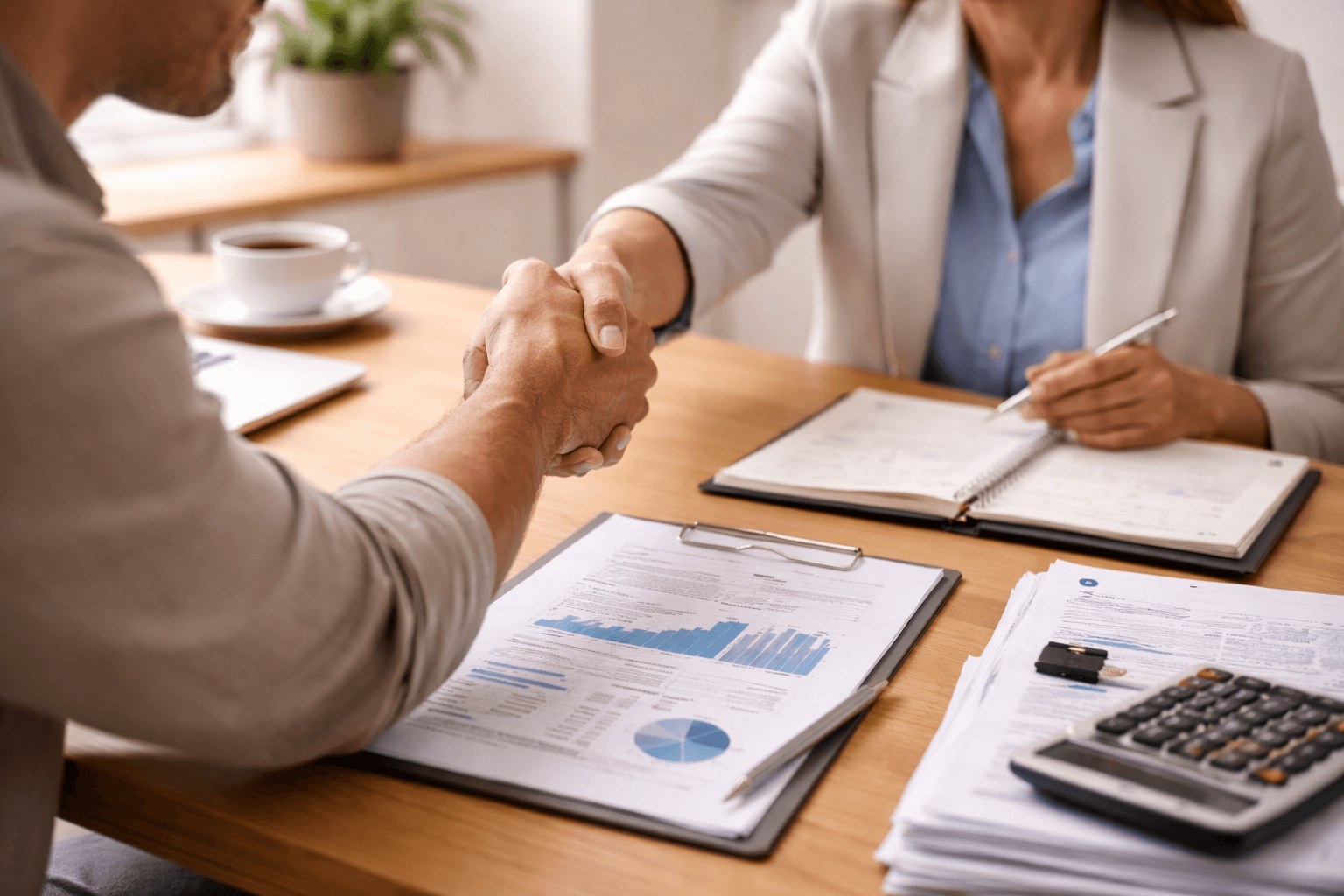 Two people shake hands across a desk with documents, a clipboard, a calculator, and a coffee cup, suggesting a business agreement or financial discussion.