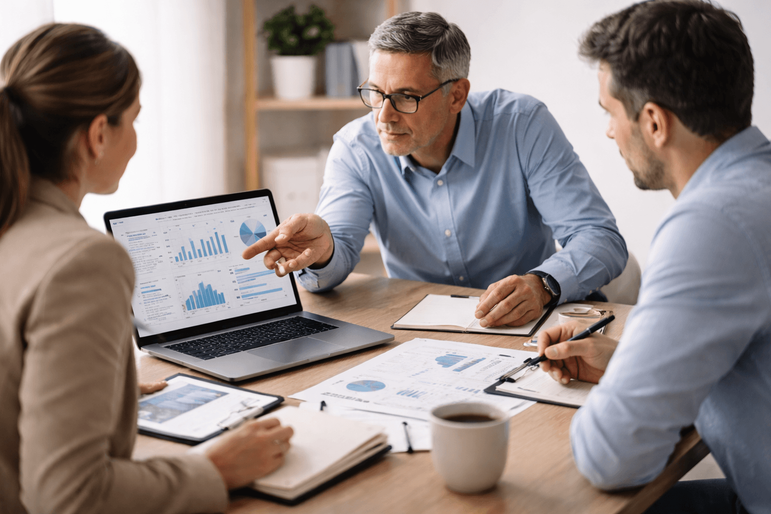 Three people in business attire discuss data and charts displayed on a laptop and printed documents during a meeting at a desk with coffee and notepads.