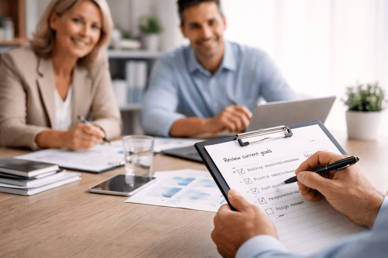 Three professionals sit at a meeting table, with one person holding a clipboard and marking a checklist labeled "Review current goals.
