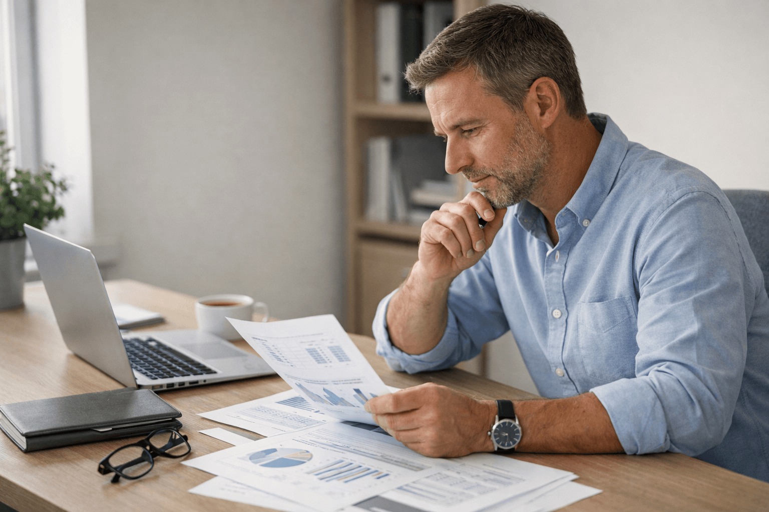 A man sits at a desk reviewing financial charts and graphs on paper, with a laptop, notebook, and documents spread out in front of him.