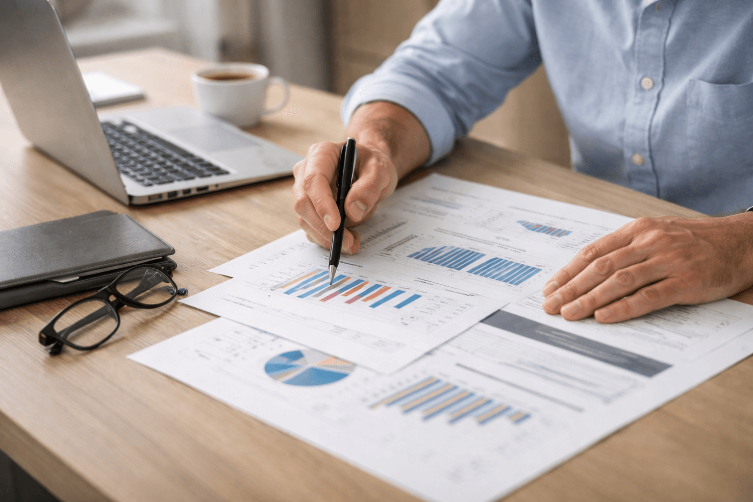 Person analyzing financial charts and graphs on printed documents at a desk with a laptop, notebook, glasses, and a cup of coffee.