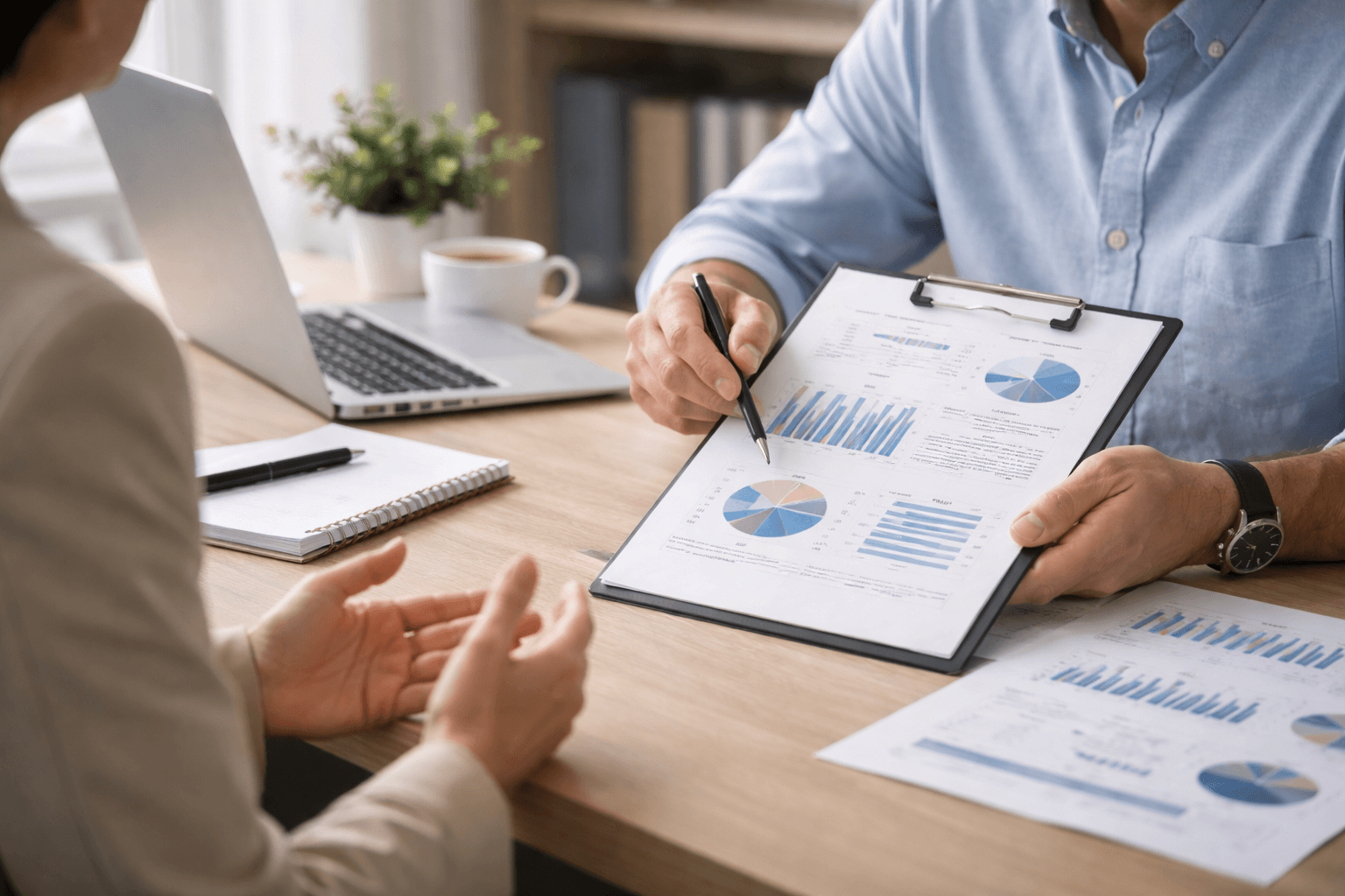 Two people sit at a desk discussing financial charts and graphs on a clipboard, with a laptop, notepad, and documents on the table.