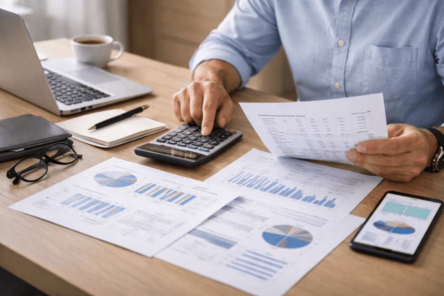 Person using a calculator and holding a financial report at a desk with charts, graphs, a laptop, phone, notebook, and coffee cup.