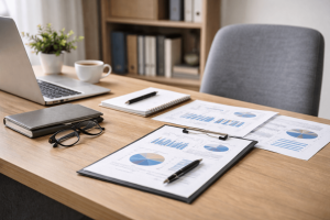 A desk with a laptop, documents featuring charts and graphs, a notebook, a pen, eyeglasses, a cup of coffee, and a small plant.