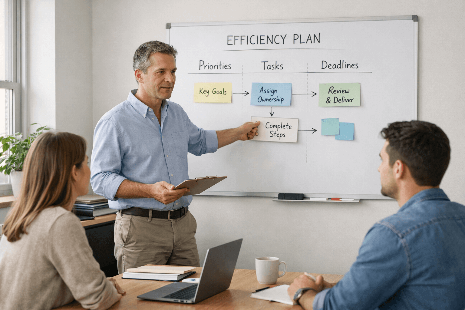 A man presents an efficiency plan on a whiteboard to two colleagues, outlining priorities, tasks, and deadlines in an office meeting setting.