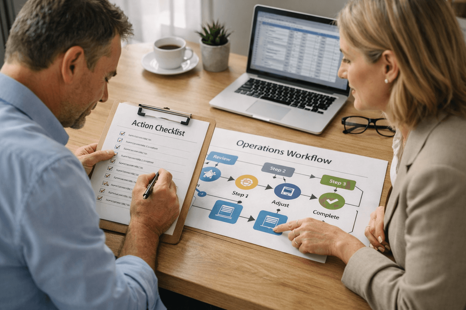 Two professionals sit at a desk reviewing an operations workflow chart and an action checklist, with a laptop and coffee cup in the background.