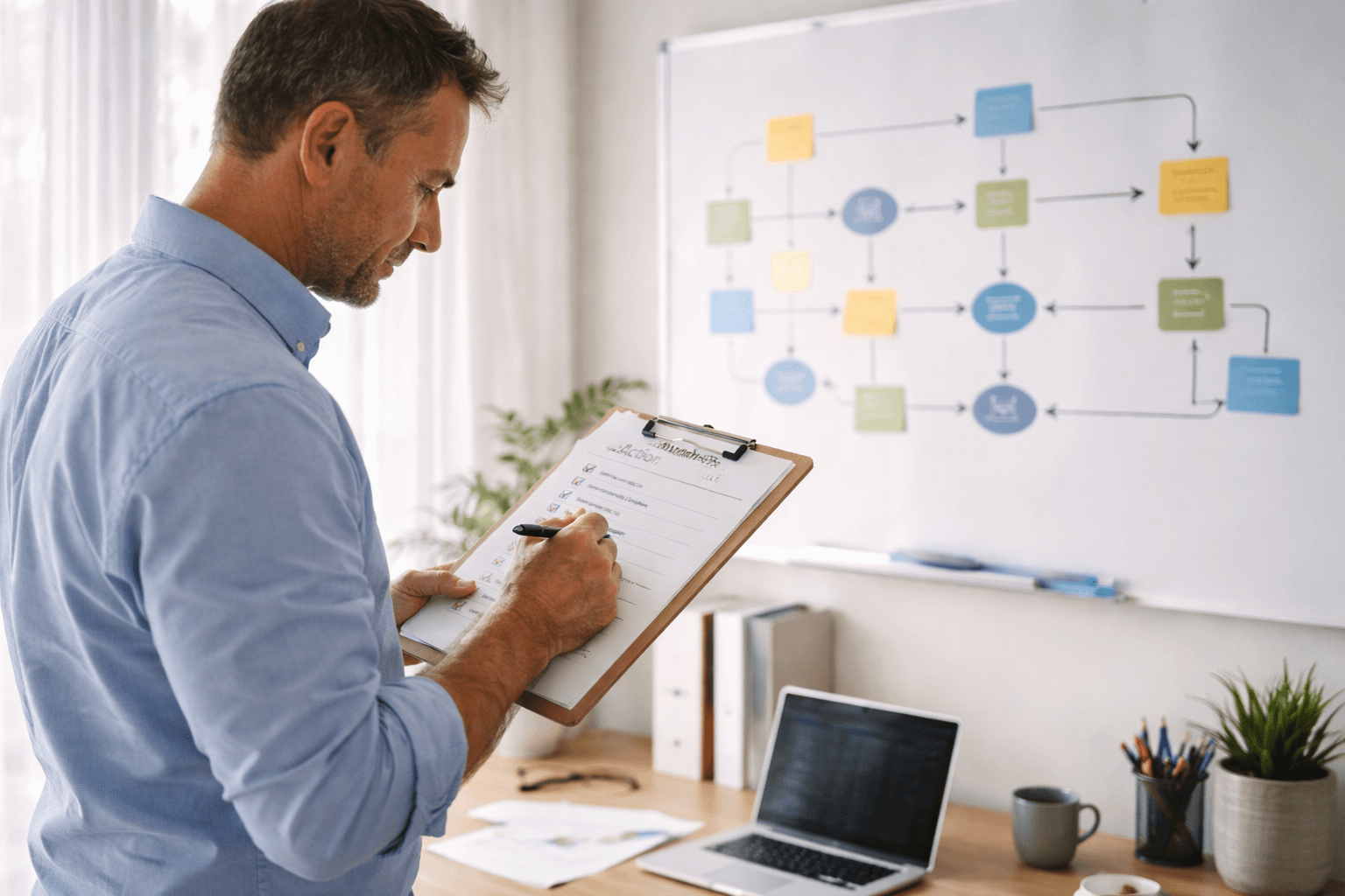 A man stands at a desk holding a clipboard and writing, with a laptop and office supplies nearby. A flowchart with colored notes is displayed on a whiteboard in the background.