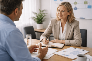 Two professionals sit at a desk in an office, engaged in a discussion with documents, charts, and a notebook in front of them.