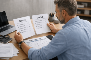 A man compares two printed checklists labeled Coach A and Coach B while sitting at a desk with a laptop, documents, and a coach comparison chart.