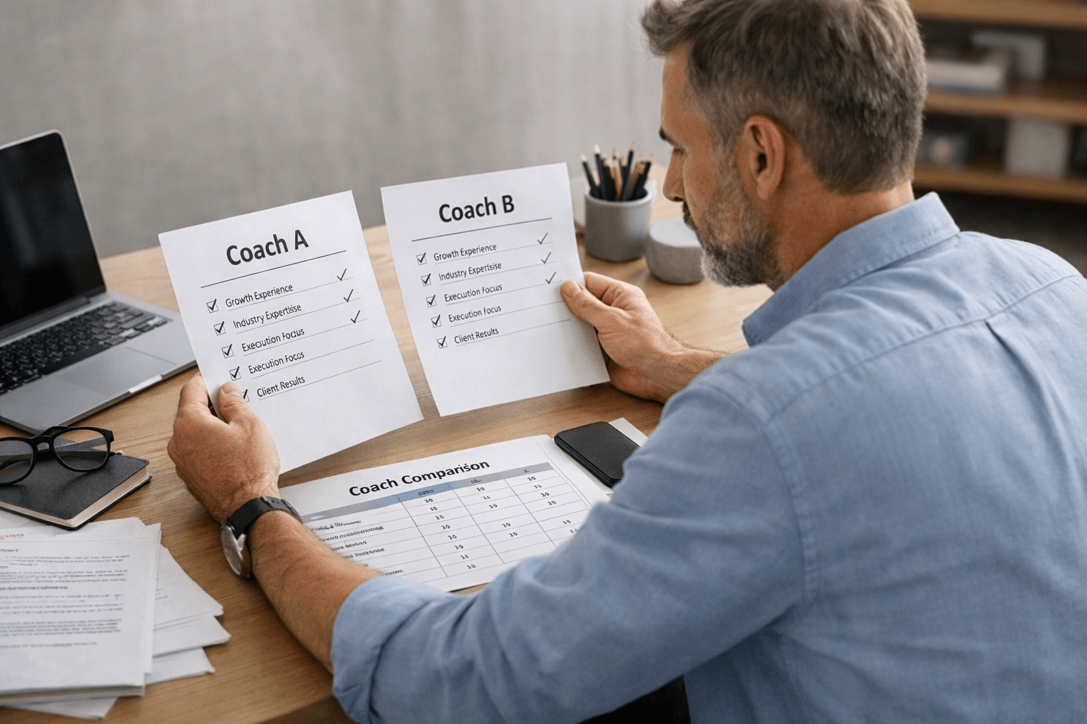 A man compares two printed checklists labeled Coach A and Coach B while sitting at a desk with a laptop, documents, and a coach comparison chart.