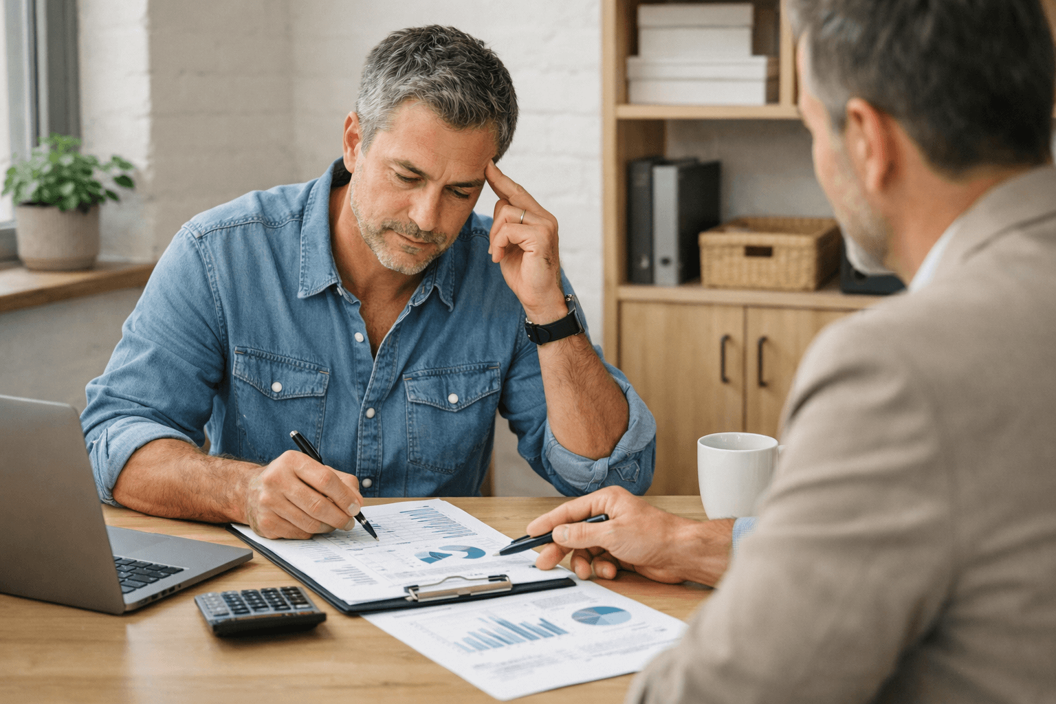Two men sit at a desk reviewing financial charts and graphs on paper, with a laptop and calculator nearby. One man looks thoughtful while taking notes, discussing personalised business coaching solutions Australia.